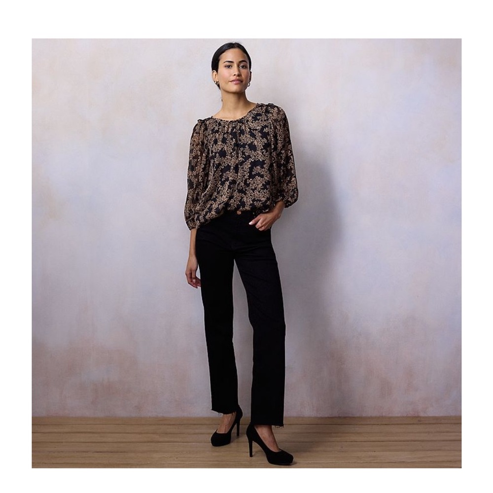 LC Lauren Conrad Black Blouse with Gold Floral Design Size Large NWT